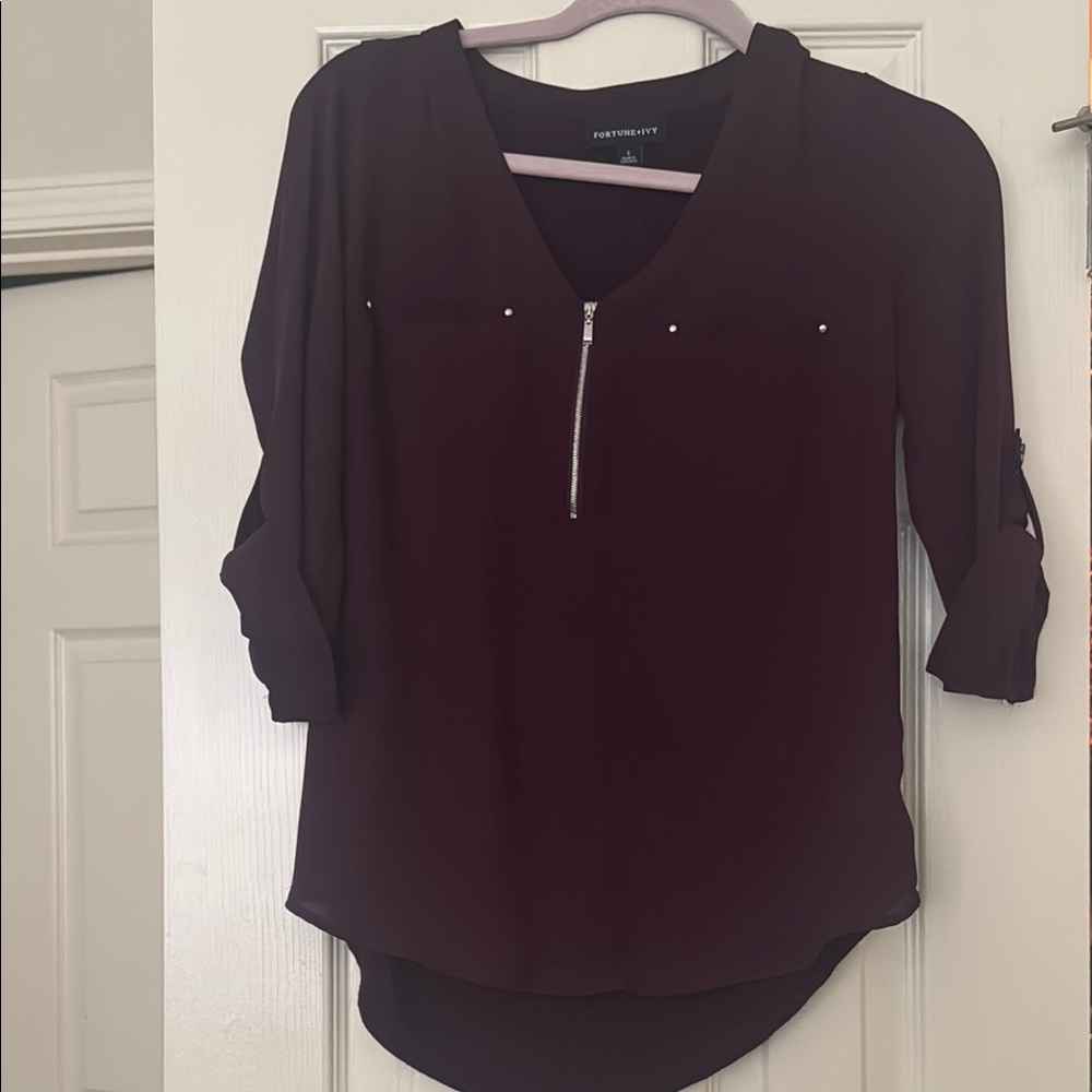 Burgundy Blouse with Zipper Detail